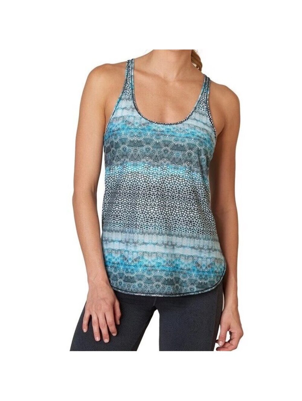 prAna Tank Top Women’s Size L Blue Geometric Racerback Athletic Yoga Workout